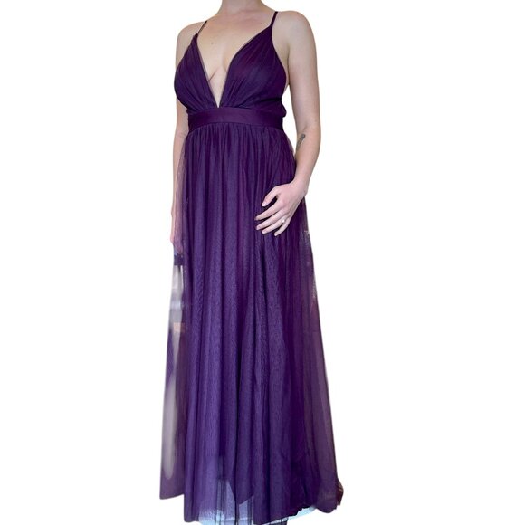 PROM Wedding Dress Aubergine Purple Tulle Flow Sheer Long Dress Selena Luxxel M - Picture 1 of 6